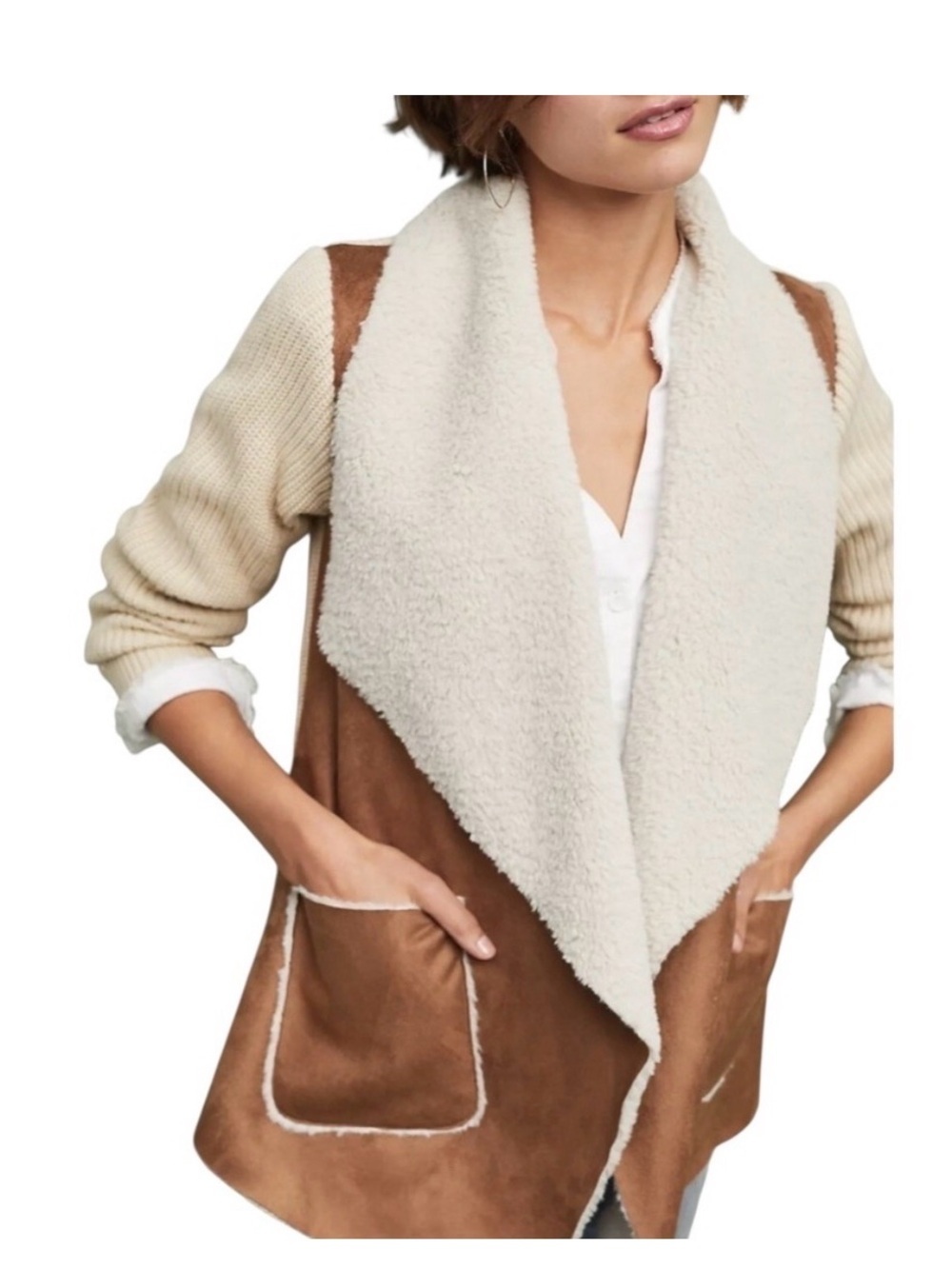 Anthropologie Moth Mixed Faux Suede Fur Knit Open Cardigan Jacket Size Small